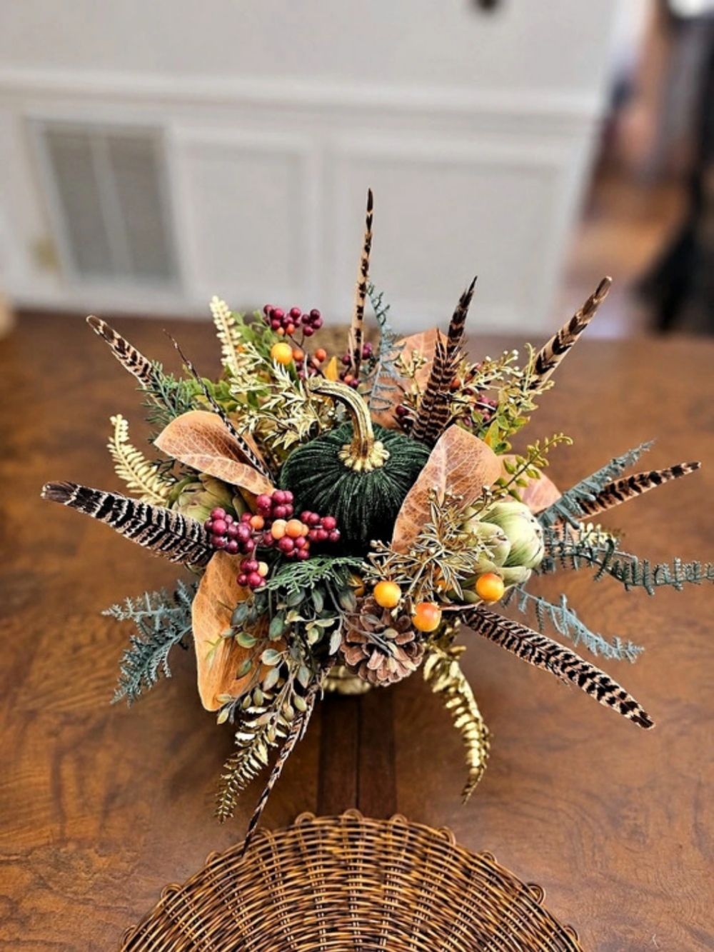 Bespoke Velvet Pumpkin & Pheasant Feathers Arrangement